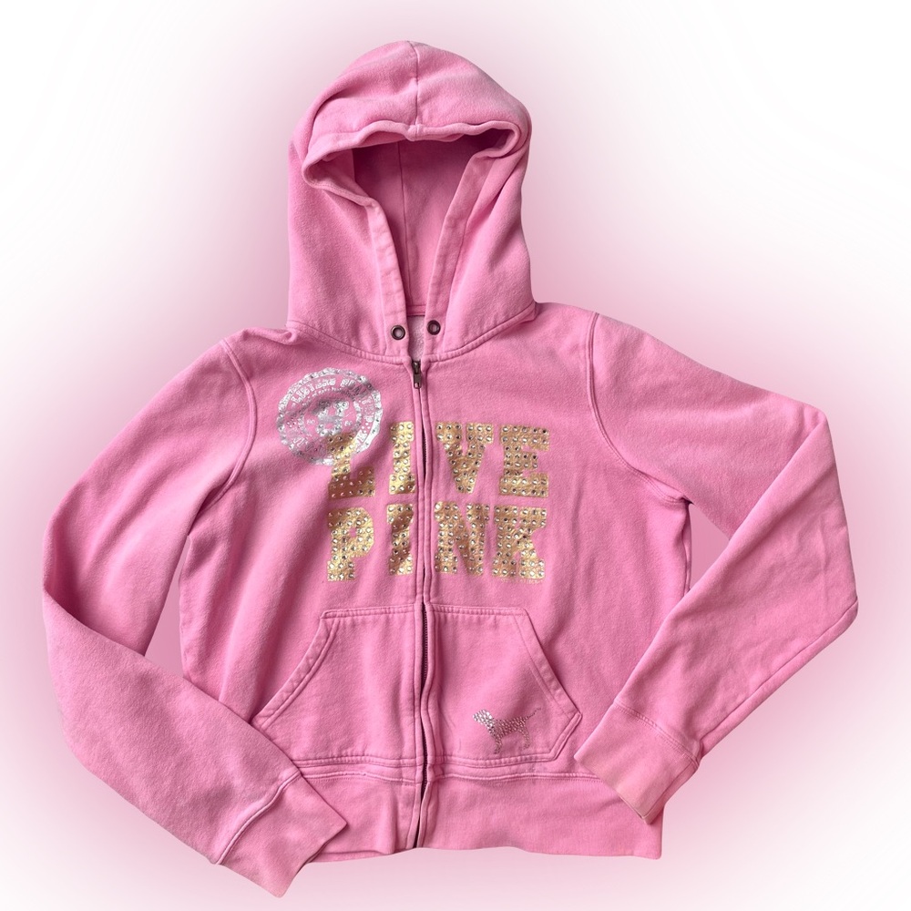 VTG VS PINK Y2K PINK AND GOLD EMBELLISHED ZIP-UP JACKET // SIZE XS💖